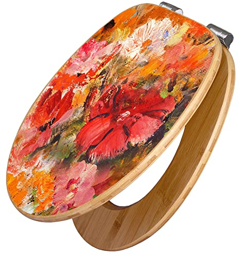 banjado Design WC Sitz Bambus Absenkautomatik 45,8x37,5cm / Toilettendeckel mit Absenkautomatik Holz/hochwertiger Bambus Klodeckel/WC-Sitz für gängigen Toiletten/Motiv Fallende Blumen