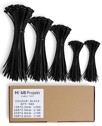 Haus Projekt Collier de Serrage pour Câbles - 500 Zipties Assortis Noirs - Gestion et Rangement de Câbles - Attaches Résistantes pour Jardin