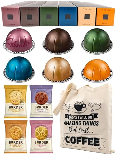 Coffee Pod Variety Pack for Nespresso Vertuo Machine - Inizio, Colombia, Intenso, Stormio, Melozio, Odacio - 6 Boxes (60 Pods) Bundled with Border Biscuits and Reusable Tote Bag