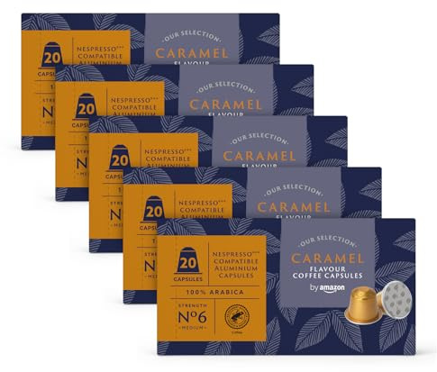 by Amazon Café Caramel, Capsules en Aluminium Compatibles Nespresso, 100 unités (5 paquets x 20) - Certifié Rainforest Alliance