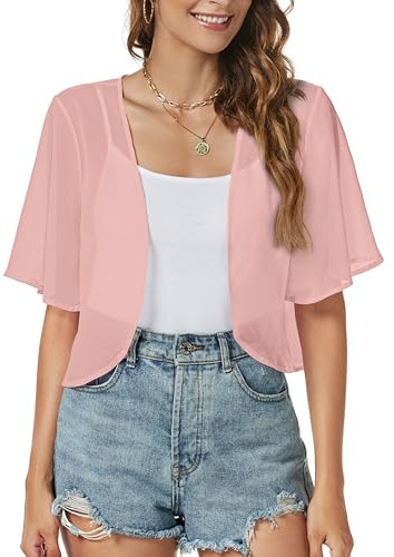 ZNVGIRL Women Shrug Chiffon Cardigans Open Front Short Sleeve Bolero for Evening Dressy, Pink, Medium