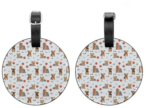 Gepäckanhänger, Yorkshire Terrier, Hundeknochen, rund, Leder, Reisekoffer-Etiketten mit Privatsphäre, Namens- und Adresskarte, 2 Packungen