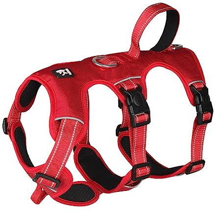 FEimaX Anti-drag Traction-hundsele, Justerbar Reflekterande Hundsele för Medelstor och Stor med Kontrollhandtag och Metallringar, Andningsbar, Vadderad Hundväst, Röd, xl