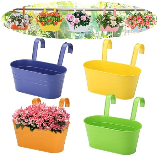 BSTMOME 4 Pack Hanging Flower Pots, Garden Pots Balcony Planters, Metal Bucket Flower Holders Wall Hanging Decor Pot with Detachable Hooks for Railing Fence Balcony (4 Colors)