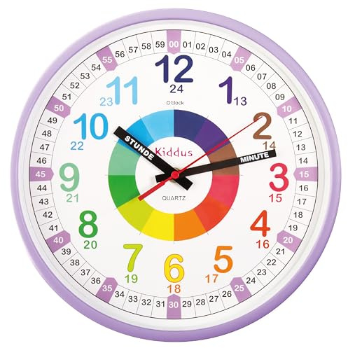 Kiddus Lernuhr Wanduhr Kinder 20cm, Pädagogische Uhr für Jungen & Mädchen, Lautloses Uhrwerk, Zeiger mit Stunde & Minute Beschriftung, Ideal für Schulanfänger - 11 Lila DE 30cm