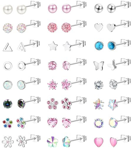 JeweBella 24 Paar Ohrringe Chirurgenstahl für Damen Mädchen Hypoallergene Zirkonia Opal Blume Schmetterling Medizinische Ohrstecker Kinder Mehrfarbiger Knorpel Piercing Ohrringe Silber Ohrringe Set