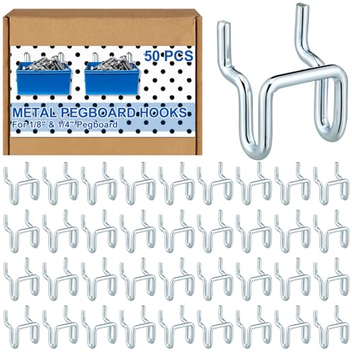 Tandefio 50 Pcs Heavy Duty Metal Pegboard Slatwall Hooks and Hangers U Shaped Hooks Bulk for Hanging Tools 1/8 Inch and 1/4 Inch Pegboard Bins or Slatwall Retail Shops Garage Workshop Craft