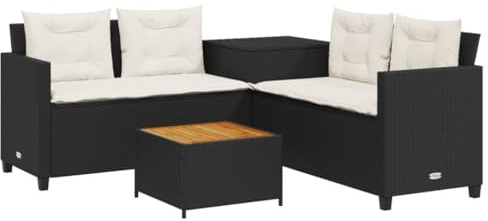 vidaXL Canapé d'extérieur en Forme de L Noir avec Table et Coussins, Canapé de Jardin en résine tressée