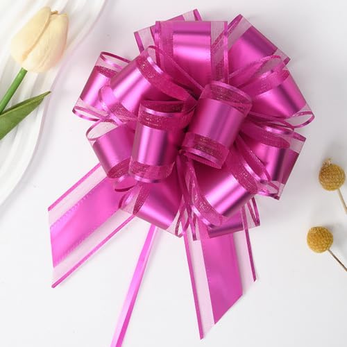 GAKA FAVOR 10Pcs Hot Pink Pull Bows(6 Inch),Fuchsia Large Organza Pull Bows for Gift Wrapping,Wedding Cars,Flower Baskets and Party Decorations
