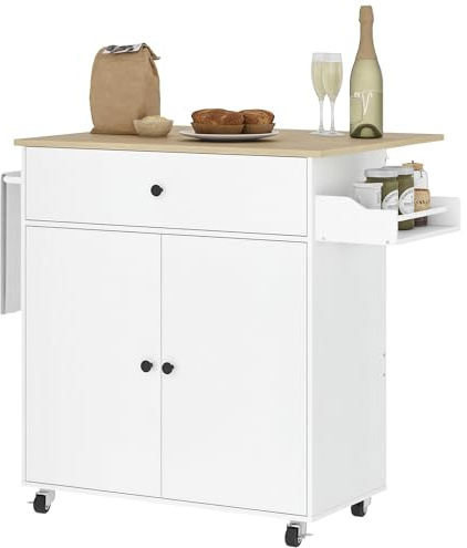 HOMCOM Isla de Cocina con ala Abatible Ruedas 106x42x87 cm Blanco y Roble