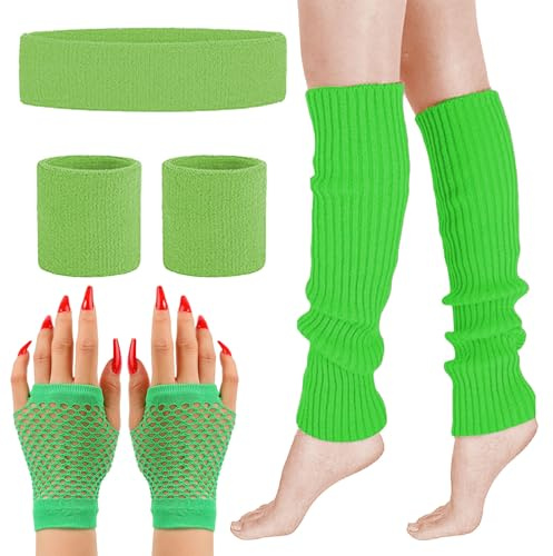 MUNSKT Beinstulpen, Fischnetz-Handschuhe, Stirnband, Armbänder, Neon-Set, 80er-Jahre-Kostüm-Zubehör, 1980er-Jahre-Retro-Motto-Party-Kostüme One size
