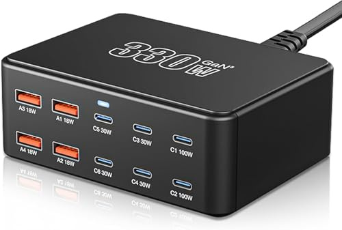 330W USB C Ladegerät Mehrfach, GaN III 10 Ports Schnellladegerät Ladestation mit 6 USB-C und 4 USB-A Charger PD PPS 100W Laptop Ladegerät Adapter für Mac-Book Pro/A-ir,i-Pad Pro/A-ir