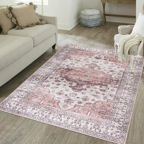 Mazovia Teppich Beige Boho Vintage - Wohnzimmer, Schlafzimmer, Esszimmer, Büro - Maschinenwaschbar - Kurzflor Rechteckig mit Oeko-TEX®, Rahmen Pflanzlich - Rosa - 80x150 cm