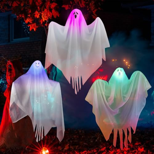 LETTERASHQP Halloween Deko 3 Stück LED Halloween Geist 74cm Lichterkette Hängender Geist Deko Halloweendeko Innen Outdoor Hängende Geister für Halloweendeko Garten Vorgarten Terrasse Rasen Partydekor