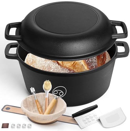 E-far 5QT Dutch Oven for Bread Baking, 2-IN-1 Cast Iron Pot with Skillet Lid & Sourdough Starter Kit, Bread Oven Pan with Baking Supplies for Frying, Braising, BBQ, Rust-Free & Heavy Duty