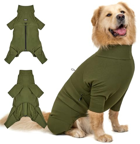 OneTigris Hund Onesie, FUZZBUD Einteiler für Große und Mittelgroße Hunde Weicher Warmer Dehnbarer Mehrzweck Hundepyjama für Haarausfall, Allergien, Anti-Lecken, Wundschutz - Grün XXL