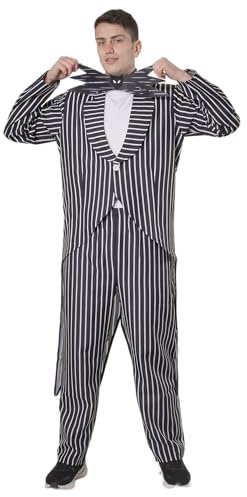 Carnavalife Disfraz Hombre Rayas Jack Skellington Halloween con Abrigo Largo Cola Pajarita Murciélago y Pantalones Traje Pesadilla Navidad Cosplay (Disfraz Traje Jack, XL)