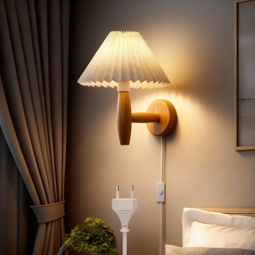 niuniaj Wandlampe innen E27,Wandlampe mit Schalter und Stecker Holz,Wandleuchte innen mit Beigem Stofflampenschirm für Schlafzimmer,Flur,Wohnzimmer,Esszimmer,kinderzimmer(Ohne Leuchtmittel