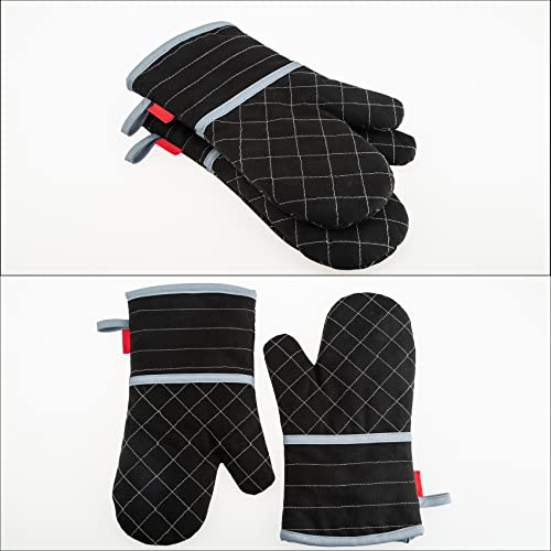 Extended Oven Mitts Heat Resistant Up To 500°F Extra Long 12.2 Inch Thermal Insulated Kitchen Gloves For Cooking Baking Grilling BBQ Black Canvas Terry Cloth Lining 1 Pair