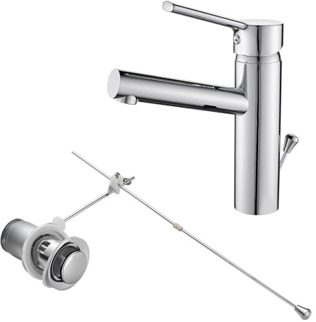 KEOKBON Brass Bathroom Tap with Pull Rod, No Dirty Hands Low Spout Bathroom Sink Faucet, Washbasin Mixer Tap, Chrome Finish
