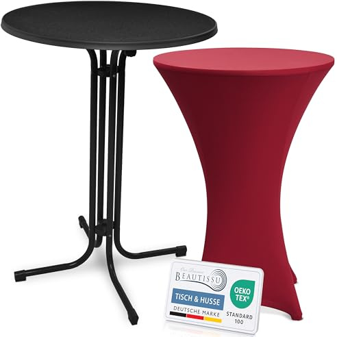 Beautissu Stehtisch klappbar 80cm mit Stretch Stehtischhusse Outdoor | Schwarz Bordeaux kratzfest UV- & wetterbeständig Husse rutschfest waschbar & bügelfrei Schwarzer Bistrotisch Bellini & Stella