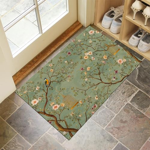 JEDTAKCT Schmutzfangmatte Innen, Waschbarer Fussmatte, Orientalische Blumen Muster, Retro-Tiere Teppiche, Kurzflor rutschfest Weiche Eingangstürmatte Für Flur Küche, 40X60Cm, Dunkelgrün