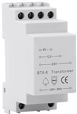 Doorbell Transformer 8V/12V/24V AC 3.8–8 VA for Ring, Bell & Doorbells – DIN Rail Mount, IP20 Rated, 230–240V Input, PVC Housing
