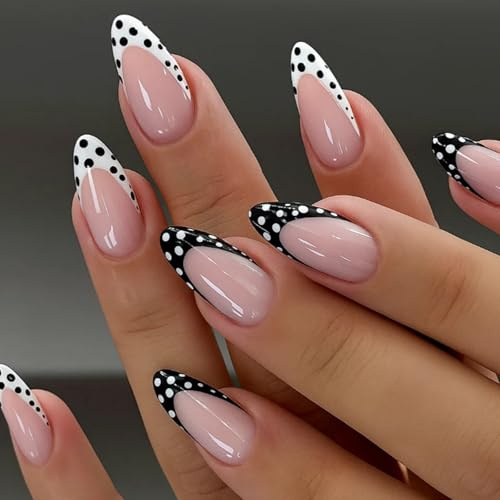 24 PCS Polka Dot French Tip Press On Nails - Almond Shape Medium Length Nude Pink Base Black White Contrast - for Women Creative Artistic Nail Art Natural Look