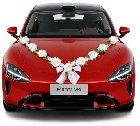 Hochzeitsauto Dekoration Set, 2x 180cm Motorhaubenschmuck mit Seidenblumen - Brautauto Deko für Motorhaube & Kühlergrill - Hochzeitsdeko Auto, Autoschmuck Hochzeit für Frontpartie