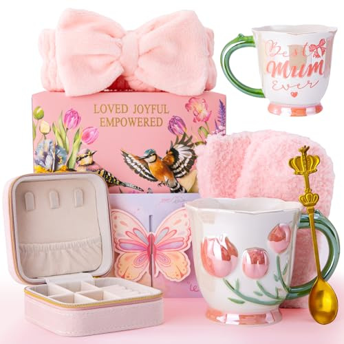 Doublewhale Birthday Gifts for Mum, Best Mum Ever Tulip Mug Gift Set | 3D Tulip Design, 18 OZ Large Capacity Coffee Mug, Microwave and Dishwasher Safe, Present Hamper for Christmas, Mothers Day