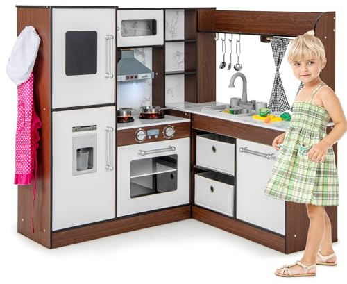 HOMASIS Cuisine d'angle en bois pour enfants, cuisine jouet avec lumière et son, 20 accessoires inclus, 2 paniers et rideaux, cuisine jouet avec évier, cuisinière, four, machine à glaçons, micro-ondes
