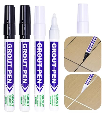 4Pcs White & Black Grout Pens for Tiles, Waterproof Paint Marker Pen | for Bathrooms Kitchen Tiles Repair, Grout Whitener Whitening Reviver Pen for Restoring Discoloured & Faded Joints