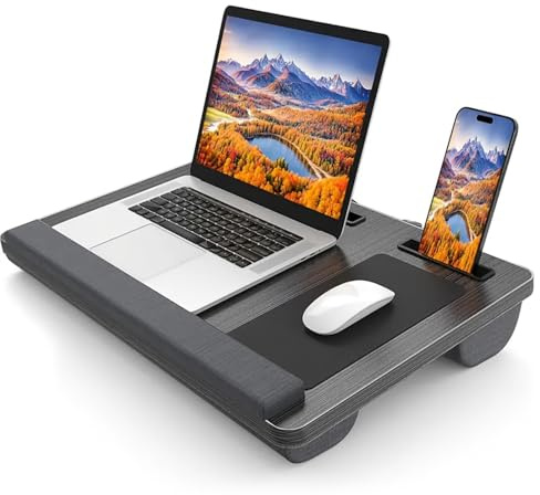 SANON Laptop Tray, Non-Slip Heat Shield Tablet Notebook Computer Stand Table Portable Writing & Gaming Tray with Wrist Rest Mouse Pad Tablet & Phone Holder Fits up to 17 Laptop, Black