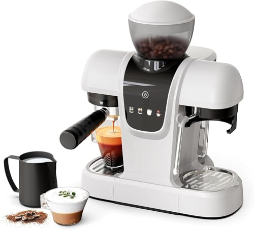 Machine à expresso semi-automatique de 20 bars avec broyeur intégré et baguette à vapeur, pré-infusion, contrôle de la température NTC, porte-filtre simple/double de 58 mm, réservoir d'eau amovible et