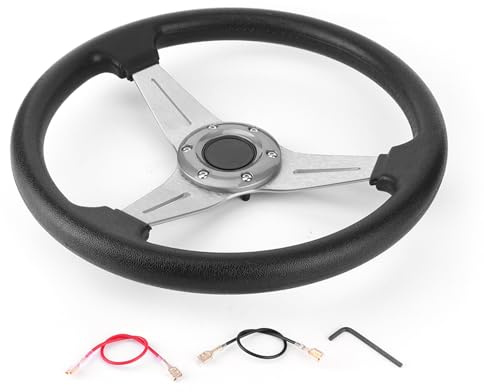 Volant de Course Universel 350 mm (14 Pouces) pour Course Automobile | Volant Sport 3 Bras en Alliage d'Aluminium Argenté, Poignée en Polyuréthane Noir, pour Rallye et Simulateur de Conduite