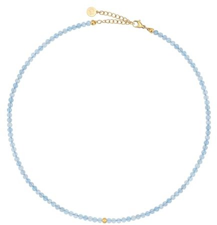 Pärlhalsband för dam av äkta fasetterade naturstenar 4 mm | Justerbart akvamarinhalsband med 18K guldplätering (40–45 cm) | Vattentåligt boho-halsband (blå)