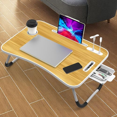 Huracan Table de lit pour ordinateur portable, Support de lit pliable, Lapdesk portable avec tiroir, porte-tasses, éclairé et USB, Table de lit pour ordinateur portable pour canapé (60 x 40 cm, Noyer)