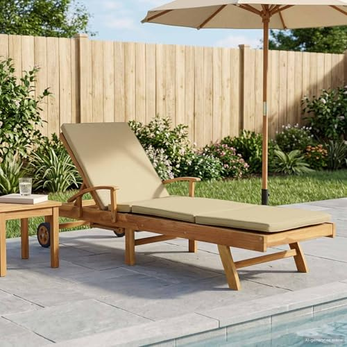 toolkix Sonnenliege Gartenliege aus 100% Polyester mit solidem Teak, verstellbare Rückenlehne und Fußstütze, mit Rollen und integriertem Seitentisch für Terrasse Balkon Pool