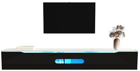 phosir Meuble TV avec éclairage LED, meuble TV bas suspendu et debout pour salon, meuble TV brillant en MDF/aggloméré, 180 x 35 x 30 cm, noir et blanc avec portes noires