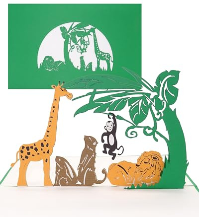 3D Pop Up Karte Tiere im Zoo - Geburtstagskarte, Einladungskarte, Gutschein Kindergeburtstag Zoo mit Löwe, Giraffe & Affe