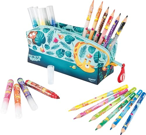 Maped Trousse Jungle Fever avec 12 feutres + 12 crayons - Créativité et couleur dans votre matériel scolaire - Espace efficace
