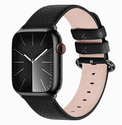 Fullmosa Läderband kompatibla med Apple Watch Band 42 mm 41 mm 40 mm 38 mm för kvinnor män, toppkorn äkta läderrem för iWatch-serien 11/10/9/8/7/6/5/4/3/2/1, SE3/2/1, svart/rökgrå