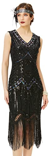 BABEYOND Damen-Charleston-Kleid, 1920er-Jahre, V-Ausschnitt, Great Gatsby-Kleid mit Perlen, Fransen