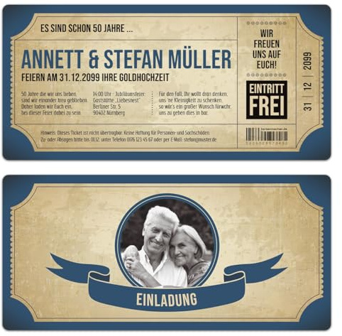 Kartenmachen.de Individuelle Foto Goldhochzeit Hochzeitseinladungen ab 10 bis 100 Stück selbst gestalten Vintage Brautpaar Blau Ticket mit Abriss