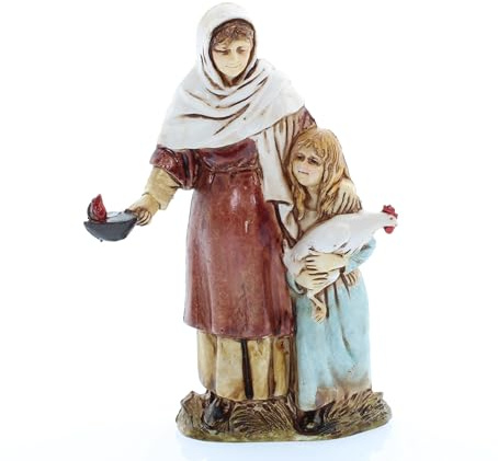 Moranduzzo Mujer con Niña y Gallina h 9 cm para Belén de 10 Cm Escala 1:20 – Standard 10 – Figura Irrompible, Estilo Árabe, Pintada a Mano, Escultor M. Landi, Made in Italy