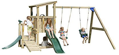MASGAMES | Parque Infantil Torre Cascade M | con Columpio Doble | Plataforma de 90 cm de Altura | Anclajes incluidos | Uso doméstico |