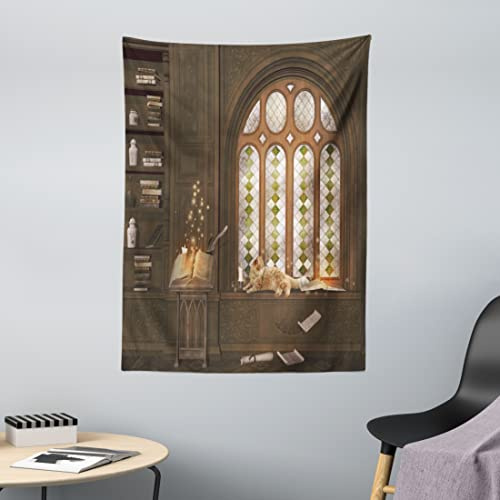 ABAKUHAUS Bibliothek Wandteppich, Mittelalterliche Bibliothek Katze aus Weiches Mikrofaser Stoff Waschbar ohne Verblassen Digitaldruck, 110 x 150 cm,Taupe