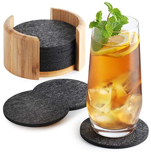 Sidorenko Untersetzer Gläser Filz 10 Stück mit Bambusbox - Filzuntersetzer in grau – Glasuntersetzer für Getränke – Tischuntersetzer Set mit Halter – Getränkeuntersetzer – Coasters for Glasses