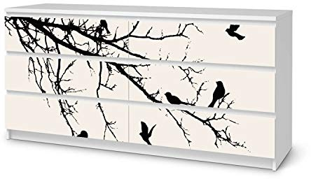 Wandtattoo Möbel passend für IKEA Malm Kommode 6 Schubladen (breit) I Möbeldeko - Möbel-Sticker Aufkleber Folie I Innendekoration für Schlafzimmer und Wohnzimmer - Design: Tree and Birds 1