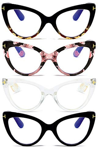 MMOWW Paquete de 4 gafas de lectura con ojo de gato femenino - Gafas anti-azules cómodas Ojo de gato grande de moda +2.0